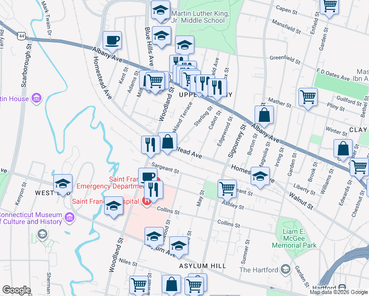 map of restaurants, bars, coffee shops, grocery stores, and more near 3 Sterling Street in Hartford