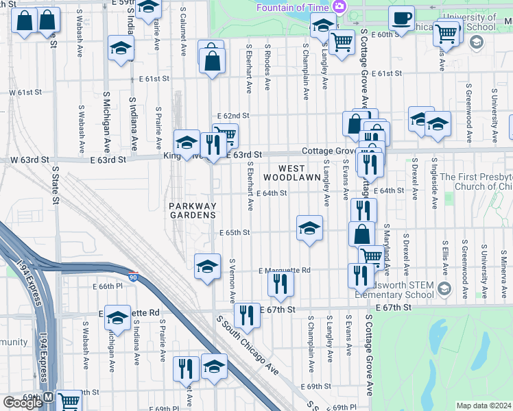 map of restaurants, bars, coffee shops, grocery stores, and more near 6416 South Eberhart Avenue in Chicago
