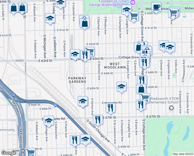 map of restaurants, bars, coffee shops, grocery stores, and more near 6416 South Eberhart Avenue in Chicago