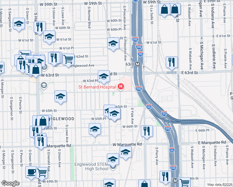 map of restaurants, bars, coffee shops, grocery stores, and more near 6204 South Stewart Avenue in Chicago