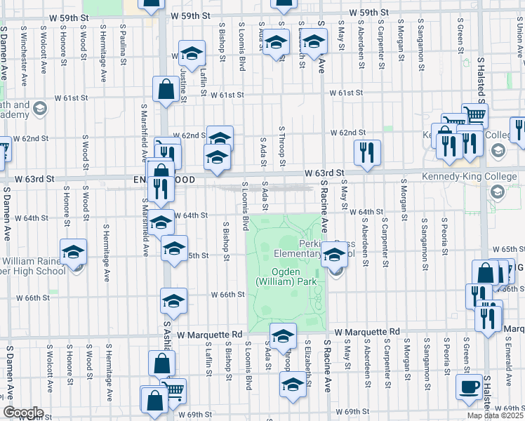 map of restaurants, bars, coffee shops, grocery stores, and more near 1346 West 64th Street in Chicago