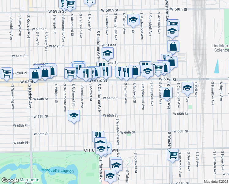 map of restaurants, bars, coffee shops, grocery stores, and more near 6334 South Washtenaw Avenue in Chicago