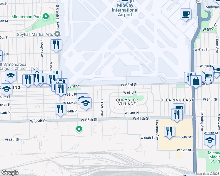 map of restaurants, bars, coffee shops, grocery stores, and more near 5265 West 63rd Street in Chicago