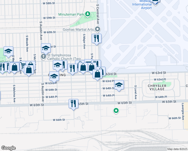 map of restaurants, bars, coffee shops, grocery stores, and more near 5607 West 63rd Street in Chicago