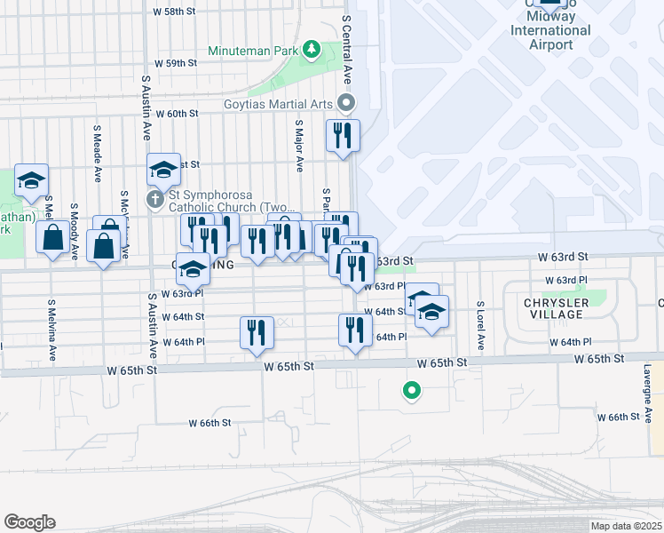 map of restaurants, bars, coffee shops, grocery stores, and more near 5646 West 63rd Street in Chicago