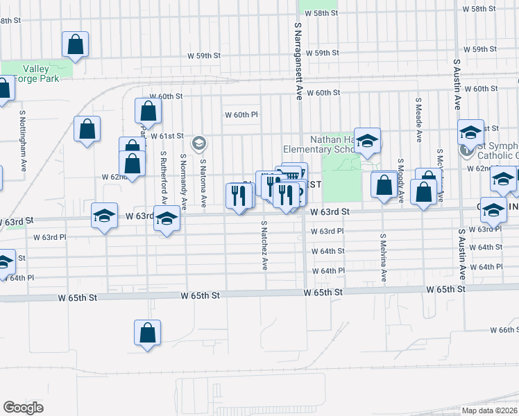 map of restaurants, bars, coffee shops, grocery stores, and more near 6516 West 63rd Street in Chicago