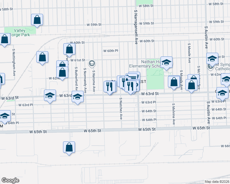 map of restaurants, bars, coffee shops, grocery stores, and more near 6516 West 63rd Street in Chicago