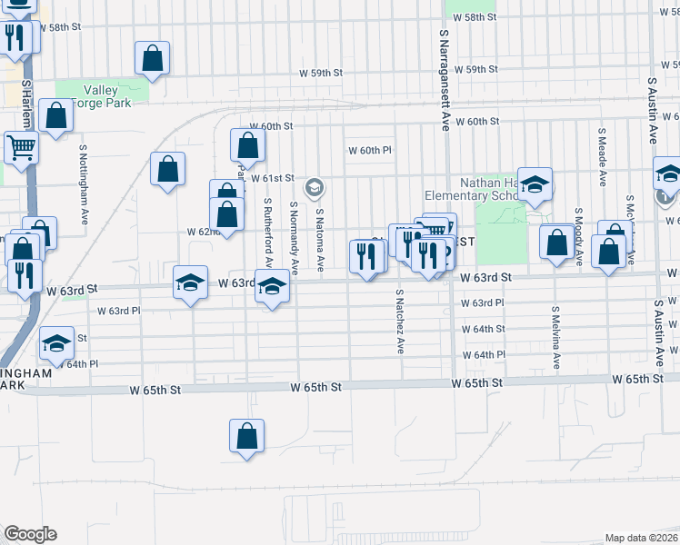 map of restaurants, bars, coffee shops, grocery stores, and more near 6556 West 63rd Street in Chicago