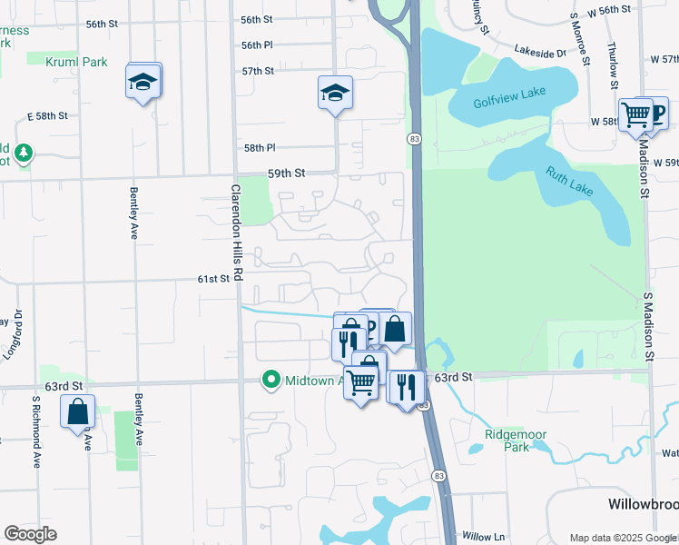 map of restaurants, bars, coffee shops, grocery stores, and more near 82 Lincoln Oaks Drive in Willowbrook