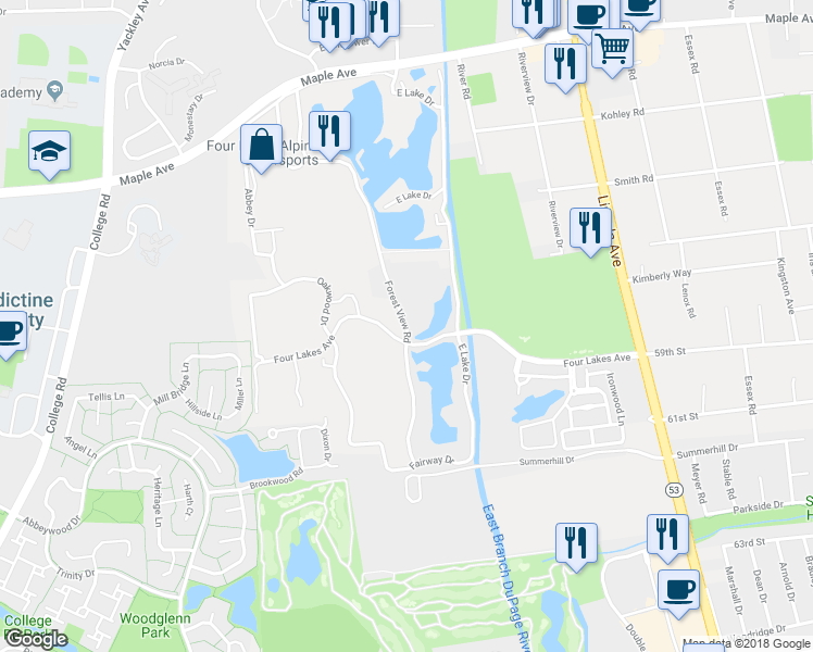 map of restaurants, bars, coffee shops, grocery stores, and more near 5880 Forest View Road in Lisle