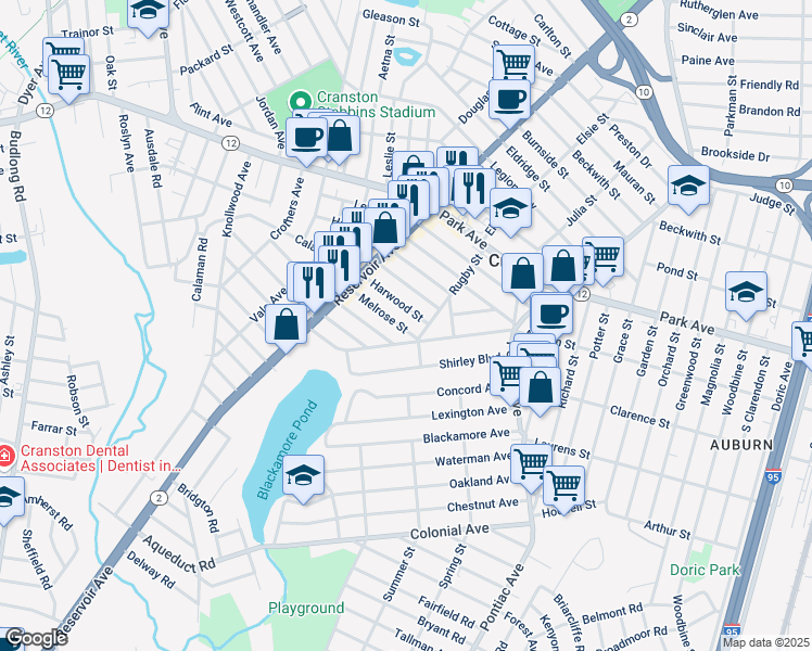 map of restaurants, bars, coffee shops, grocery stores, and more near 23 Melrose Street in Cranston