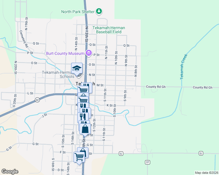 map of restaurants, bars, coffee shops, grocery stores, and more near 1015 M Street in Tekamah