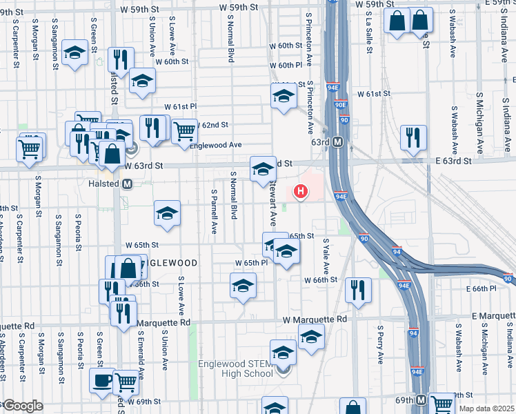 map of restaurants, bars, coffee shops, grocery stores, and more near 6403 South Eggleston Avenue in Chicago
