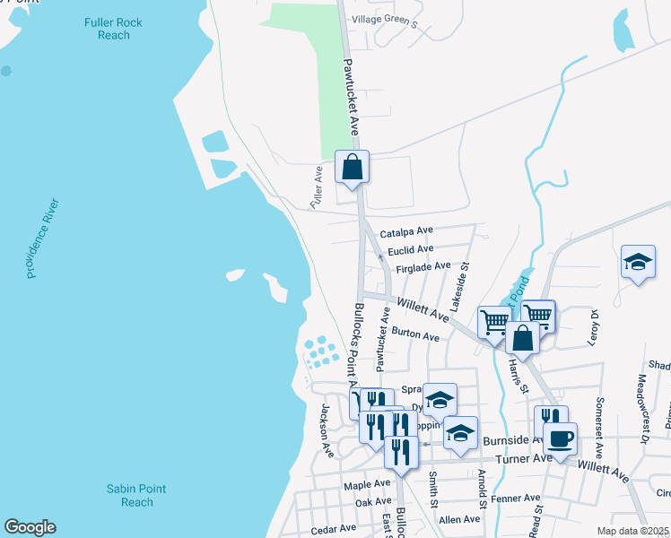 map of restaurants, bars, coffee shops, grocery stores, and more near 29 Bullocks Point Avenue in East Providence
