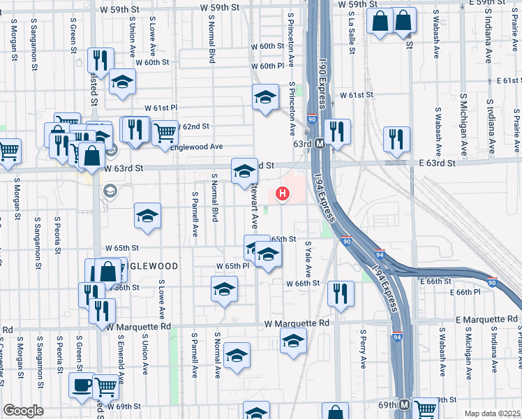 map of restaurants, bars, coffee shops, grocery stores, and more near 6204 South Stewart Avenue in Chicago