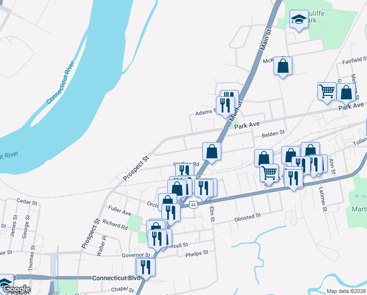 map of restaurants, bars, coffee shops, grocery stores, and more near 52 Stanley Street in East Hartford