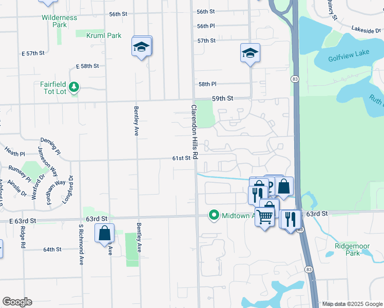 map of restaurants, bars, coffee shops, grocery stores, and more near 6048 Clarendon Hills Road in Willowbrook