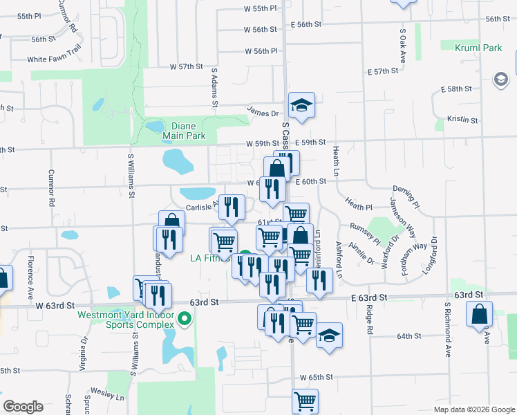 map of restaurants, bars, coffee shops, grocery stores, and more near 920 Noel Court in Westmont
