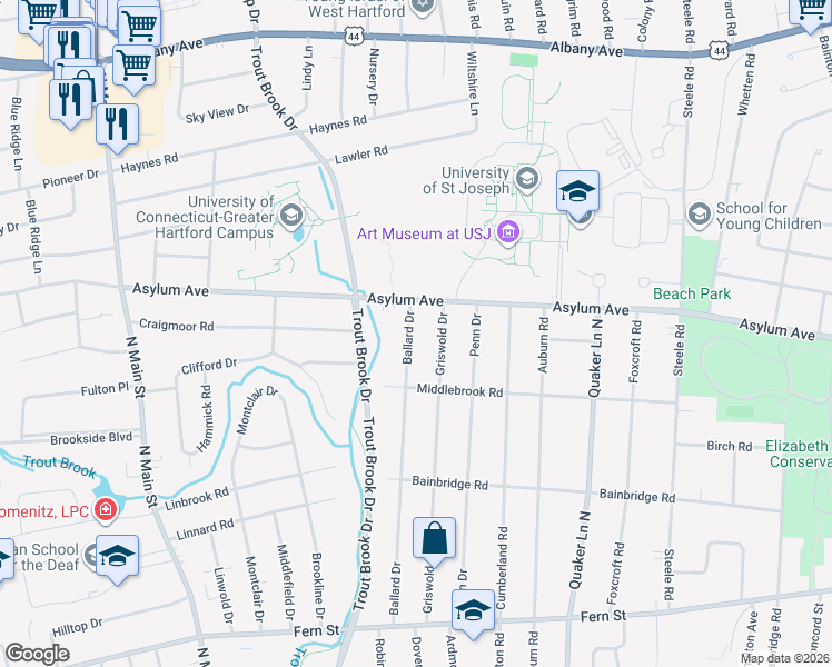 map of restaurants, bars, coffee shops, grocery stores, and more near 246 Ballard Drive in West Hartford