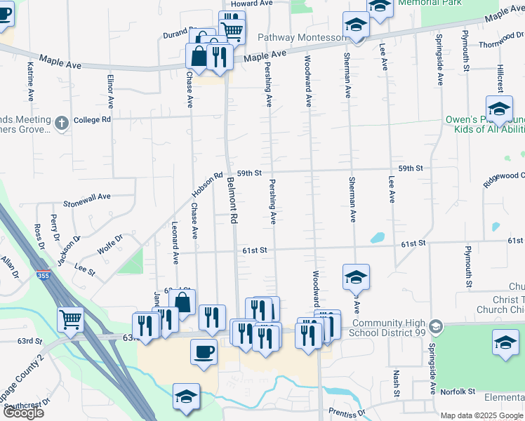 map of restaurants, bars, coffee shops, grocery stores, and more near 5930 Pershing Avenue in Downers Grove