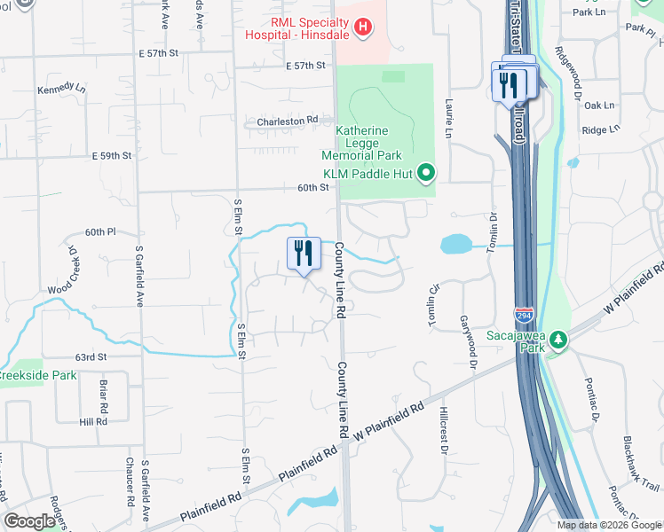 map of restaurants, bars, coffee shops, grocery stores, and more near 6116 South County Line Road in Burr Ridge