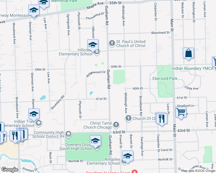 map of restaurants, bars, coffee shops, grocery stores, and more near 6016 Dunham Road in Downers Grove