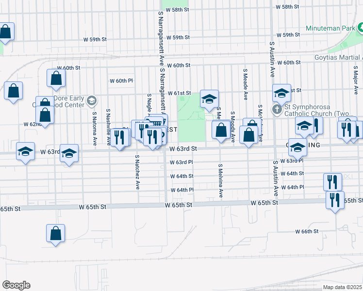 map of restaurants, bars, coffee shops, grocery stores, and more near 6324 West 63rd Street in Chicago