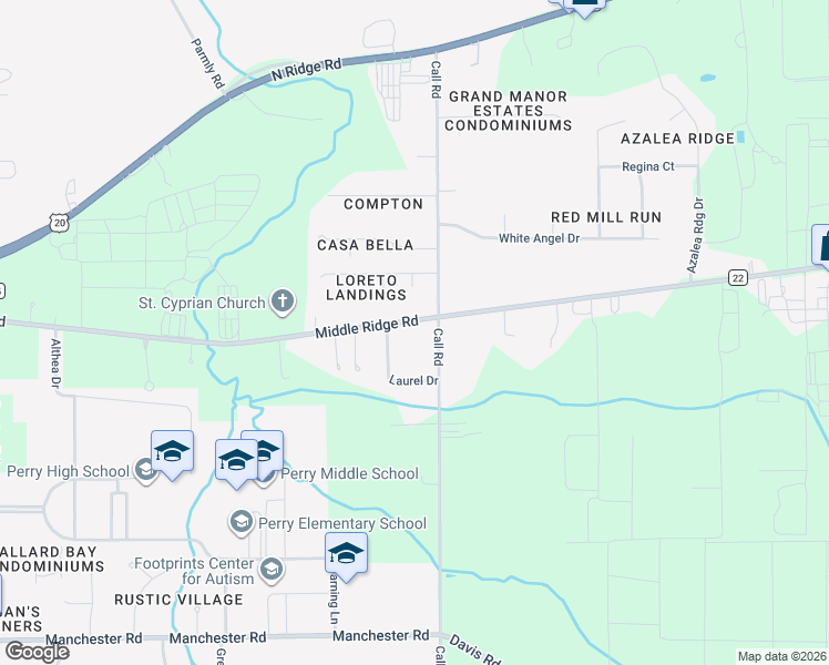 map of restaurants, bars, coffee shops, grocery stores, and more near 4410 Middle Ridge Rd in Perry