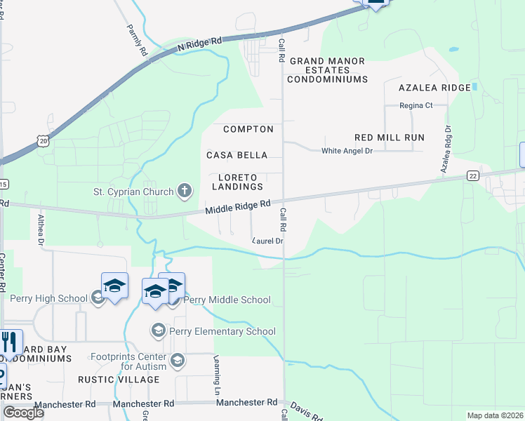 map of restaurants, bars, coffee shops, grocery stores, and more near 4410 Middle Ridge Road in Perry
