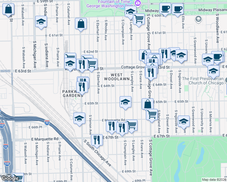 map of restaurants, bars, coffee shops, grocery stores, and more near 6416 South Saint Lawrence Avenue in Chicago