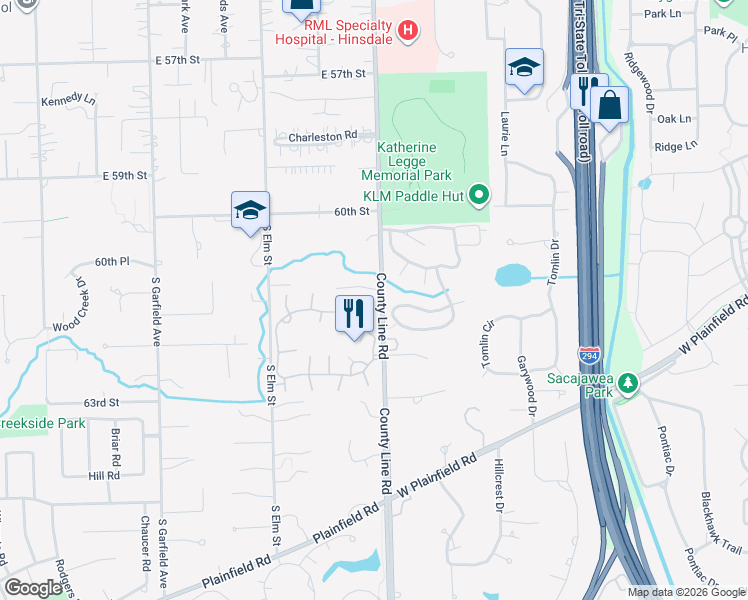 map of restaurants, bars, coffee shops, grocery stores, and more near 6116 South County Line Road in Burr Ridge