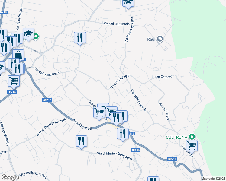 map of restaurants, bars, coffee shops, grocery stores, and more near 30 Via dei Castagni in Rocca di Papa
