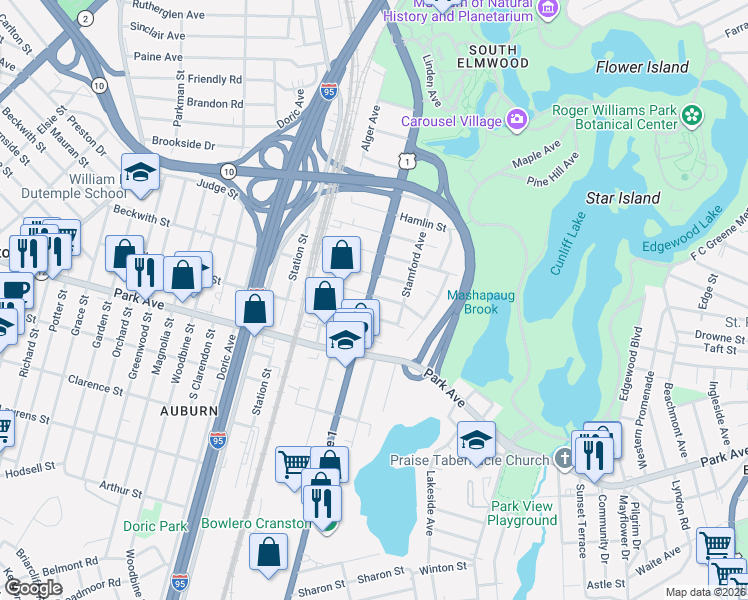 map of restaurants, bars, coffee shops, grocery stores, and more near 1230 Elmwood Avenue in Providence