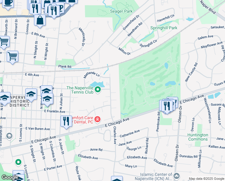 map of restaurants, bars, coffee shops, grocery stores, and more near 1155 Timberlane Court in Naperville
