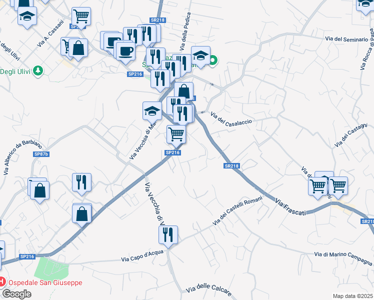 map of restaurants, bars, coffee shops, grocery stores, and more near 104 Viale Vittorio Veneto in Grottaferrata