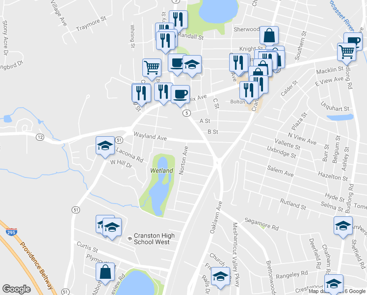 map of restaurants, bars, coffee shops, grocery stores, and more near 15 Norton Avenue in Cranston