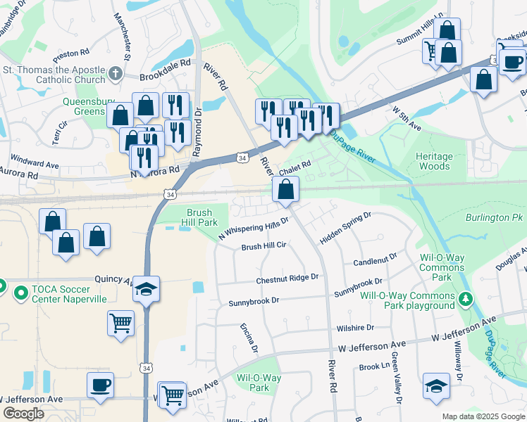 map of restaurants, bars, coffee shops, grocery stores, and more near 1318 Crabapple Court in Naperville