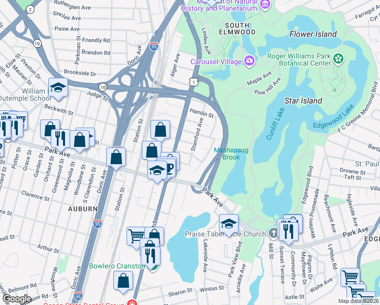 map of restaurants, bars, coffee shops, grocery stores, and more near 97 Stamford Avenue in Providence