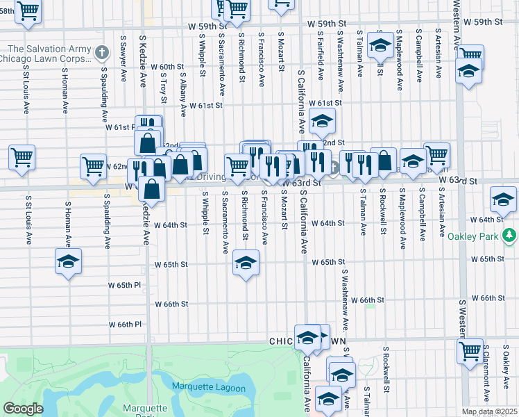map of restaurants, bars, coffee shops, grocery stores, and more near 6336 South Francisco Avenue in Chicago