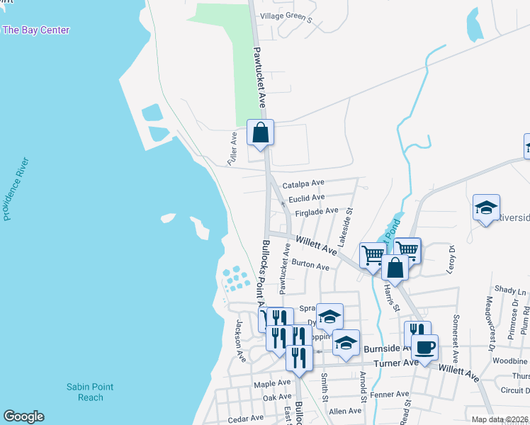 map of restaurants, bars, coffee shops, grocery stores, and more near 41 Bullocks Point Avenue in East Providence