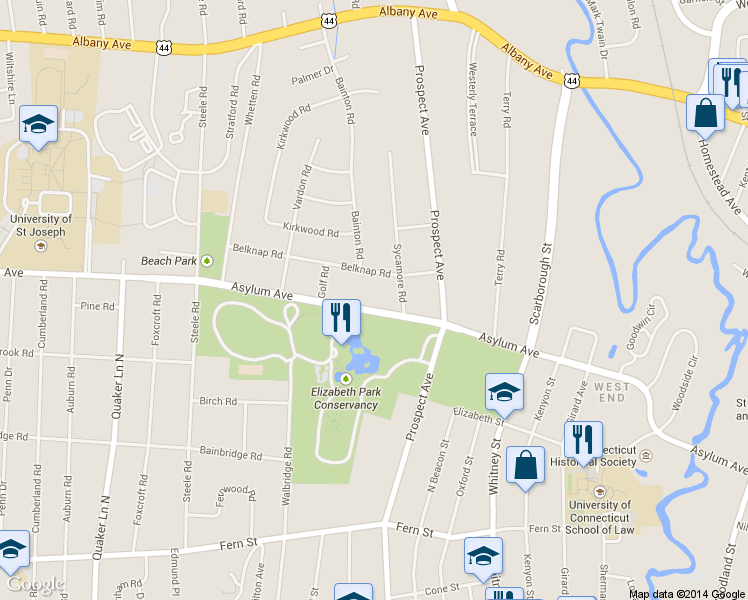 map of restaurants, bars, coffee shops, grocery stores, and more near 1542 Asylum Avenue in West Hartford