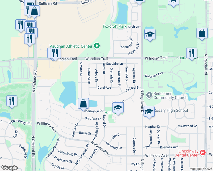 map of restaurants, bars, coffee shops, grocery stores, and more near 2021 Coral Avenue in Aurora