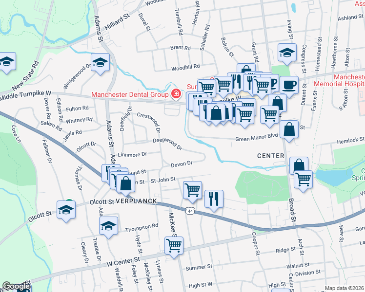 map of restaurants, bars, coffee shops, grocery stores, and more near 107 Deepwood Drive in Manchester