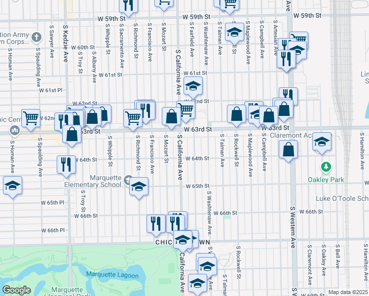 map of restaurants, bars, coffee shops, grocery stores, and more near 6335 South California Avenue in Chicago