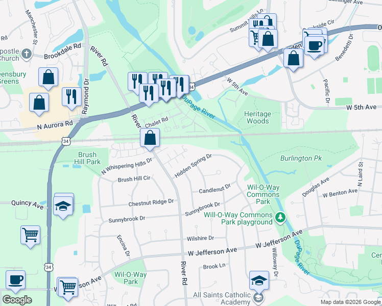 map of restaurants, bars, coffee shops, grocery stores, and more near 1204 Whispering Hills Court in Naperville