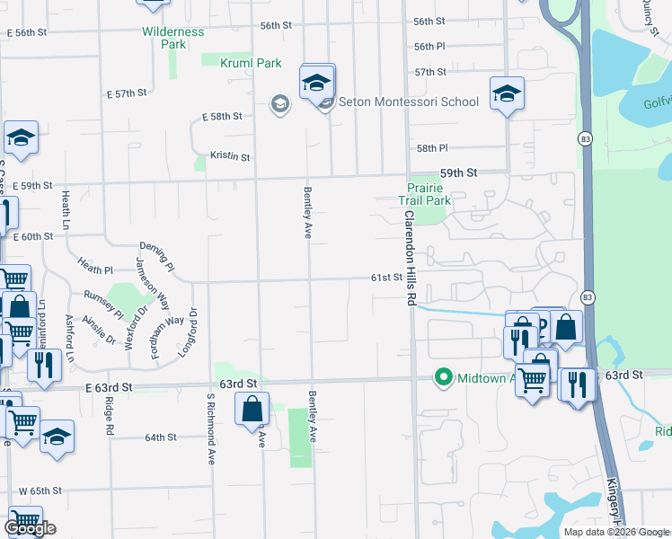 map of restaurants, bars, coffee shops, grocery stores, and more near 6037 Bentley Avenue in Clarendon Hills
