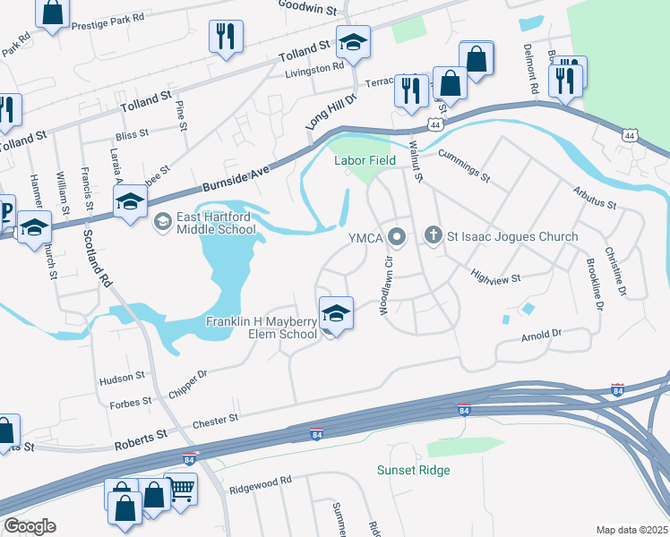 map of restaurants, bars, coffee shops, grocery stores, and more near 73 Higbie Drive in East Hartford