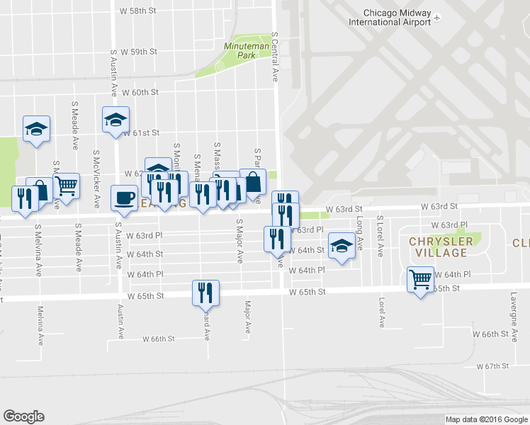 map of restaurants, bars, coffee shops, grocery stores, and more near 5607 West 63rd Street in Chicago