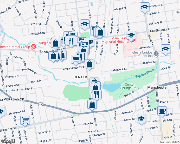 map of restaurants, bars, coffee shops, grocery stores, and more near 319 Broad St in Manchester