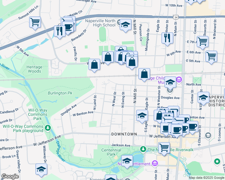 map of restaurants, bars, coffee shops, grocery stores, and more near 217 North West Street in Naperville